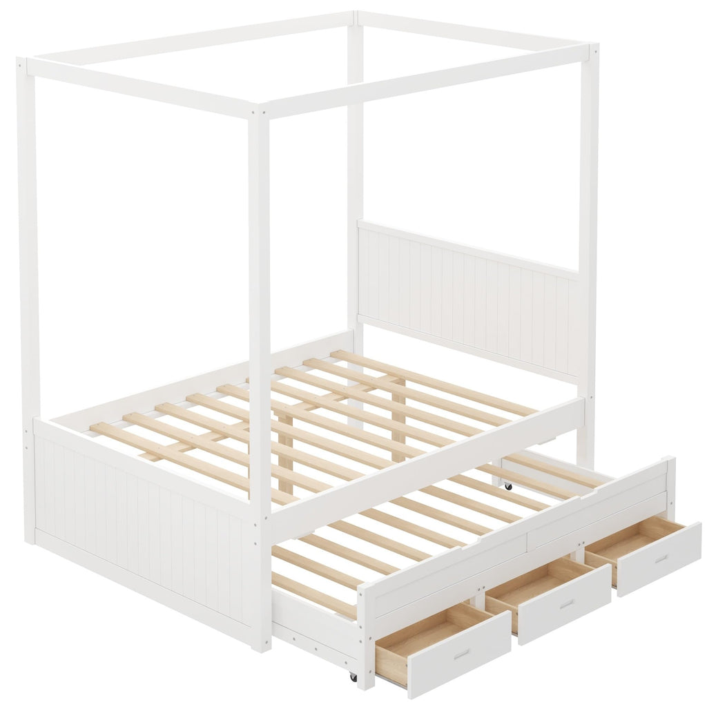 Canopy Bed Frame, Farmhouse Wood 4 Poster Platform Bed with Storage Drawers and Trundle, No Box Spring