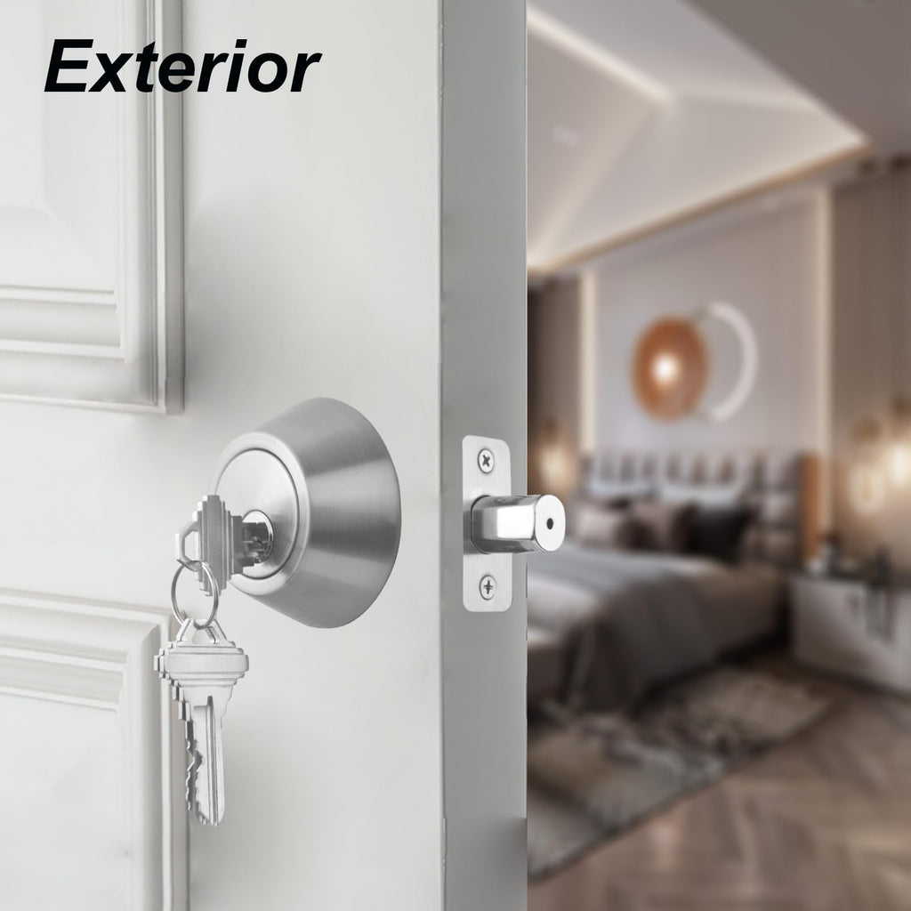 1 Side Keyed-Alike Deadbolt Lock, Single Cylinder Dead Bolt, Satin Nickel Round Exterior Keyed Front Entry Inside Door