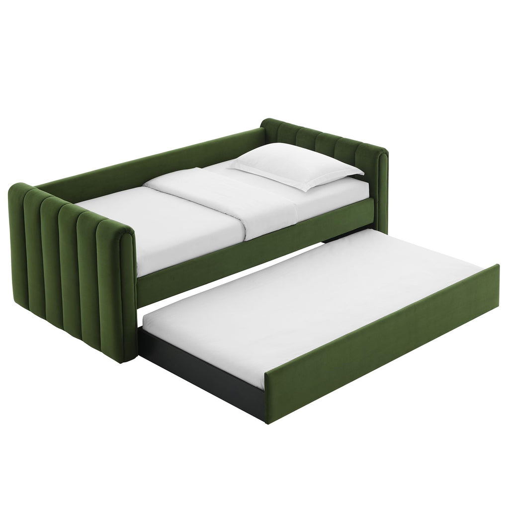 Veyla Twin Size Performance Velvet Daybed in Moss Green with Trundle - Channel Tufted Upholstered Sofa Bed with Wood