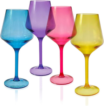 Acrylic Wine Glasses with Stems. Set of 4 Colored, Reusable, Unbreakable and Shatterproof Poolside Outdoor Wine