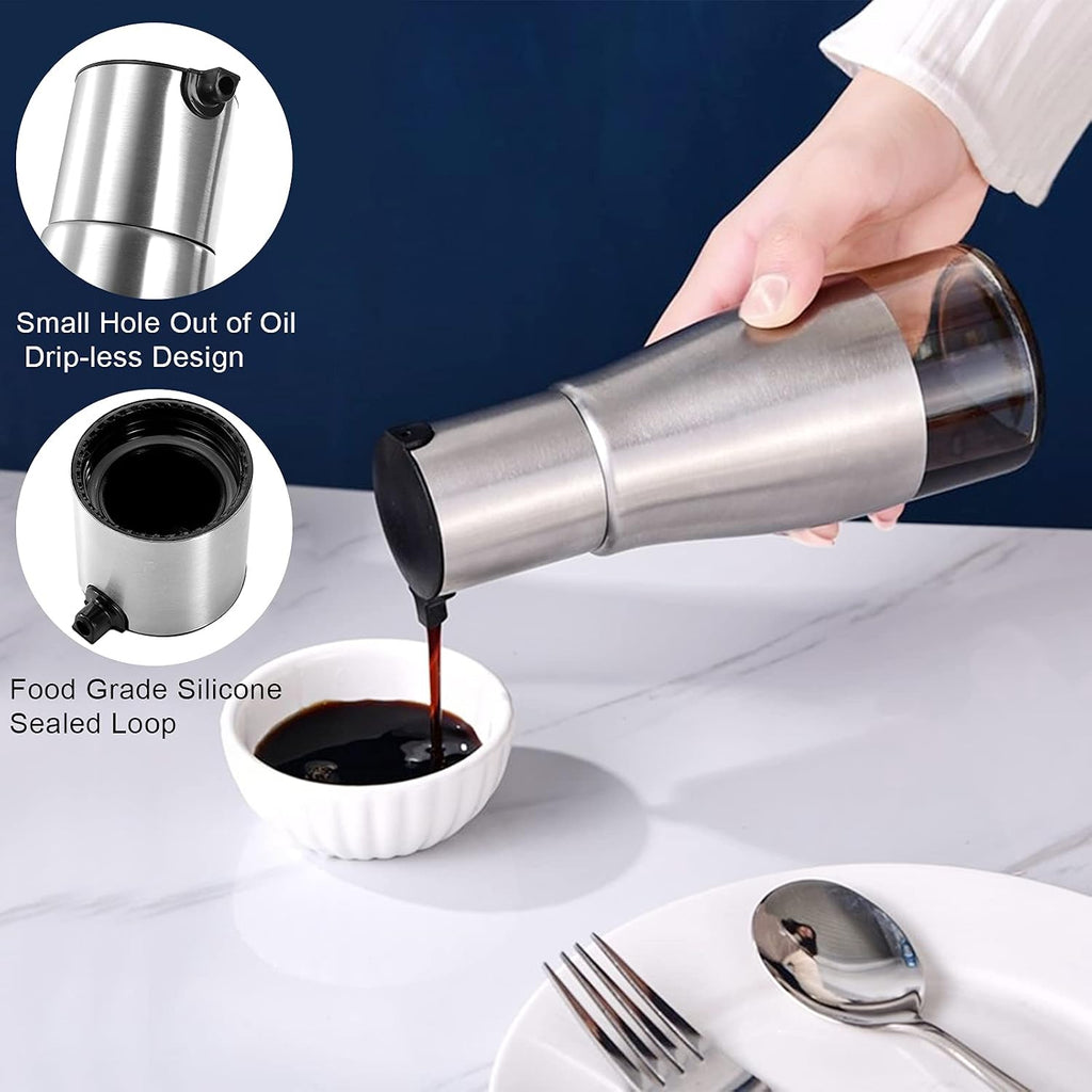 Silver Olive Oil and Vinegar Dispenser Set, 10OZ Oil Dispenser Cruet with Easy & Drip Free Pouring, Elegant - Set of 2