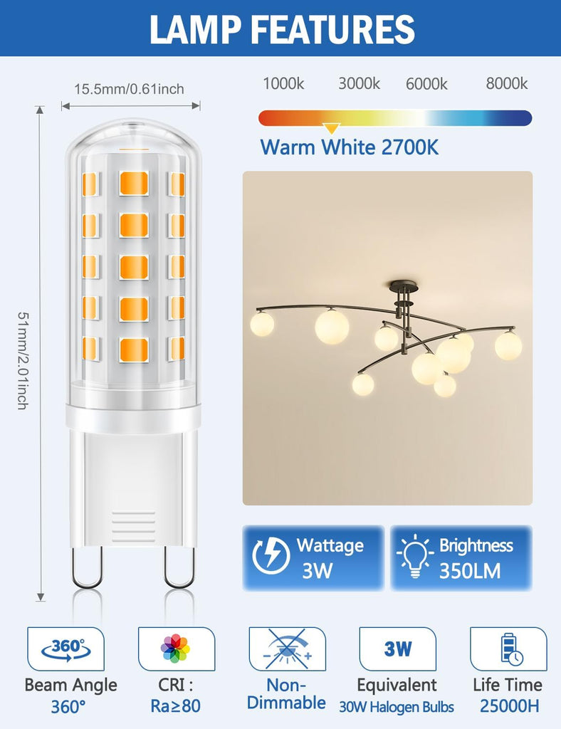 G9 Led Bulb Warm White, 3W, 350LM, 2700K, Equivalent to 30-40W Halogen, No Flicker, Non-Dimmable, 360°Beam Angle, AC