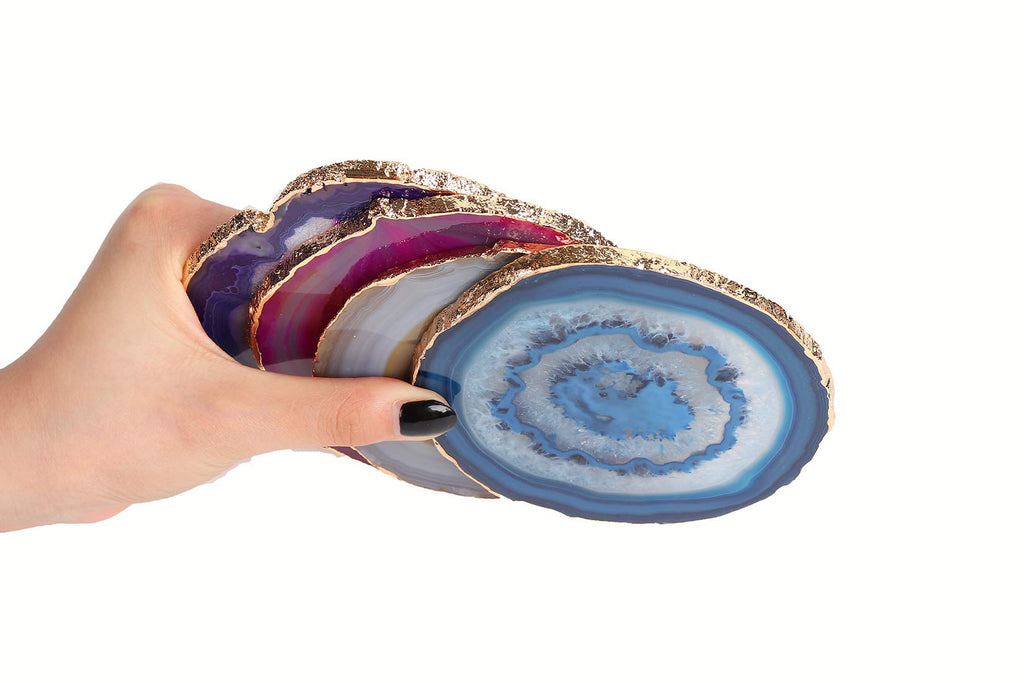 Mixed Color Agate Coasters Set of 4, Dyed Crystal Coaster for Drinks, Geode Agate Slice with Gold Edge, with Rubber