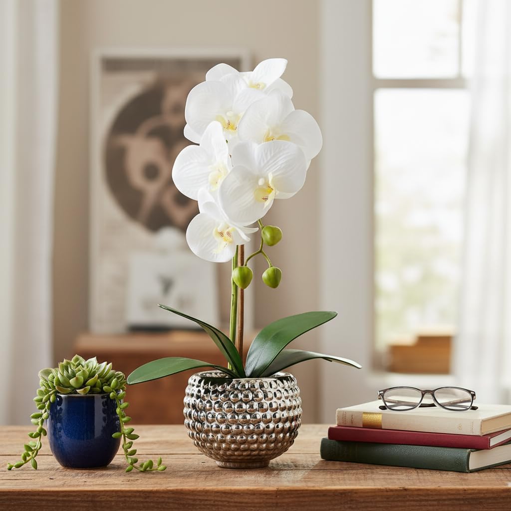 Fake Flowers with Vase, Large Orchids Artificial Flowers in Silver Pot Fake Orchid Fake Plant in Pots Artificial