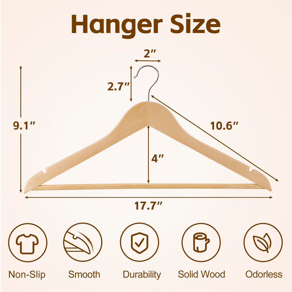 Wooden Clothes Hangers 50 Pack, Non-Slip Grooved Shoulder Coat Hanger, Slim for Shirts, Jackets, Dress, Pant
