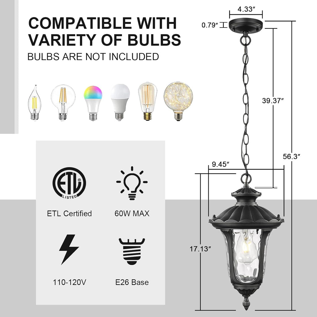 Outdoor Pendant Light for Porch, Exterior Hanging Lantern Outdoor Chandelier in Black Finish for Entryway, Doorway