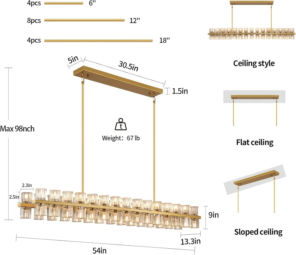 Modern Crystal Chandeliers L54in Large Brass Rectangle Chandelier, K9 Crystal Pendant Lights Kitchen Island,Chandeliers for Dining Room, For Over the Dining Table,Kitchen Island,(60xG4 Bulbs Included) A117-B0F6T19LPC
