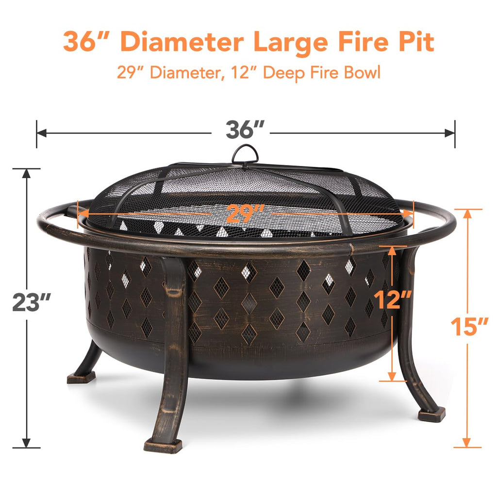 36 Inch Fire Pits for Outside Outdoor Wood Burning Firepit with BBQ Grate Large Heavy Duty Steel Firepit Bowl Bonfire