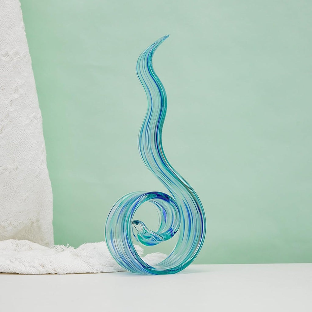 11.4" Tall Hand Blown Glass Sculpture, Murano Style Art , Modern Coastal Home Decor Accent for Shelf