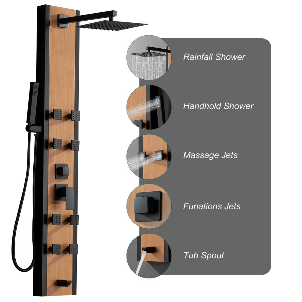 Stainless Steel Shower Panel Tower System Black and Bamboo 8 Jets
