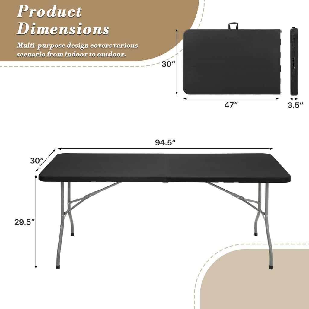 8ft Folding Table Plastic Fold-in-Half Table, Black