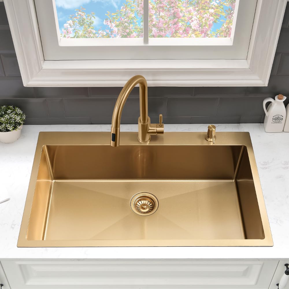 33 Gold Kitchen Sink with Faucet Combo Set Drop In Top Mount Sink