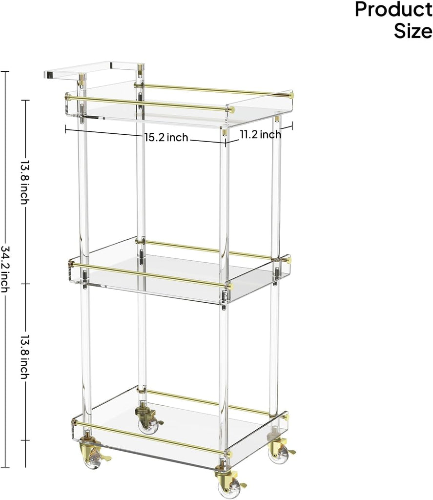 Acrylic Bar Cart, Rolling Serving Cart with Gold Edge, Handle | 3 Tier Clear Home Bar Cart Small Bar Cart with