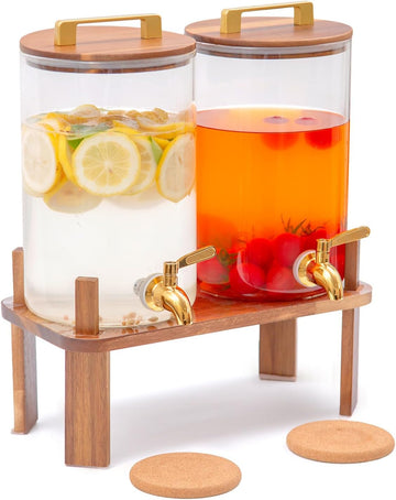 Gallon with Wooden Stand, Drink Dispenser with Stainless Steel Leak-Proof Spigot, Juice & Lemonade Dispenser - Set of 2