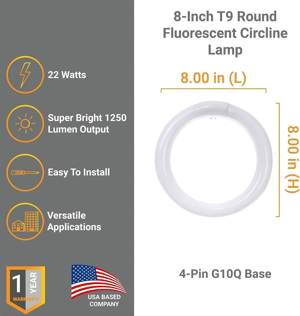 8 Inch T9 Round Circline Fluorescent Light Bulb 22W 1250 Lumens 4100K Cool White G10Q 4-Pin Base Rohs Compliant Pack