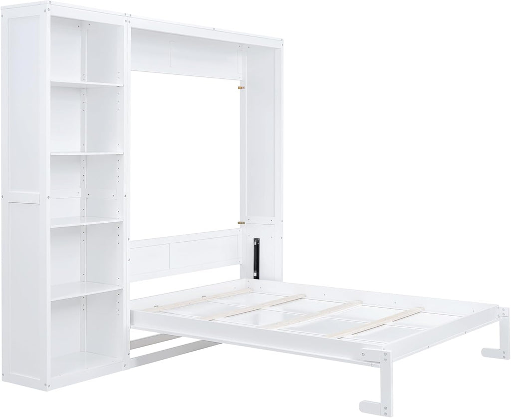 Space-Saving White Murphy Bed Queen with Adjustable Storage Shelves, Multifunctional Foldable Wall Bed for Small