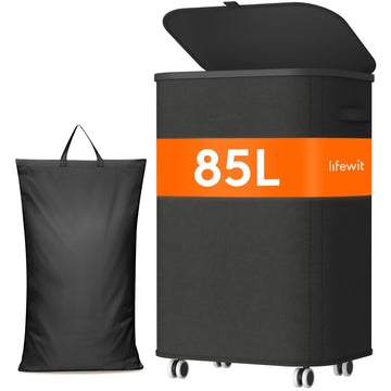85L Large Laundry Basket with Wheels and Lid, Black
