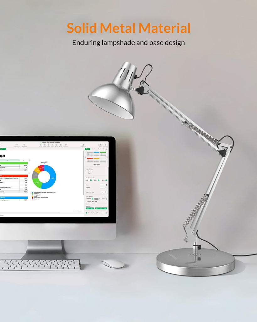 Metal Adjustable Desk Lamp with Clamp, Swing Arm