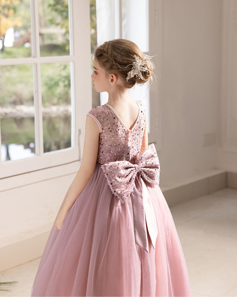 Sequin Tulle Dress Formal Pageant Sparkly Birthday Party Wedding Guest Ball Gown Dresses with Bow