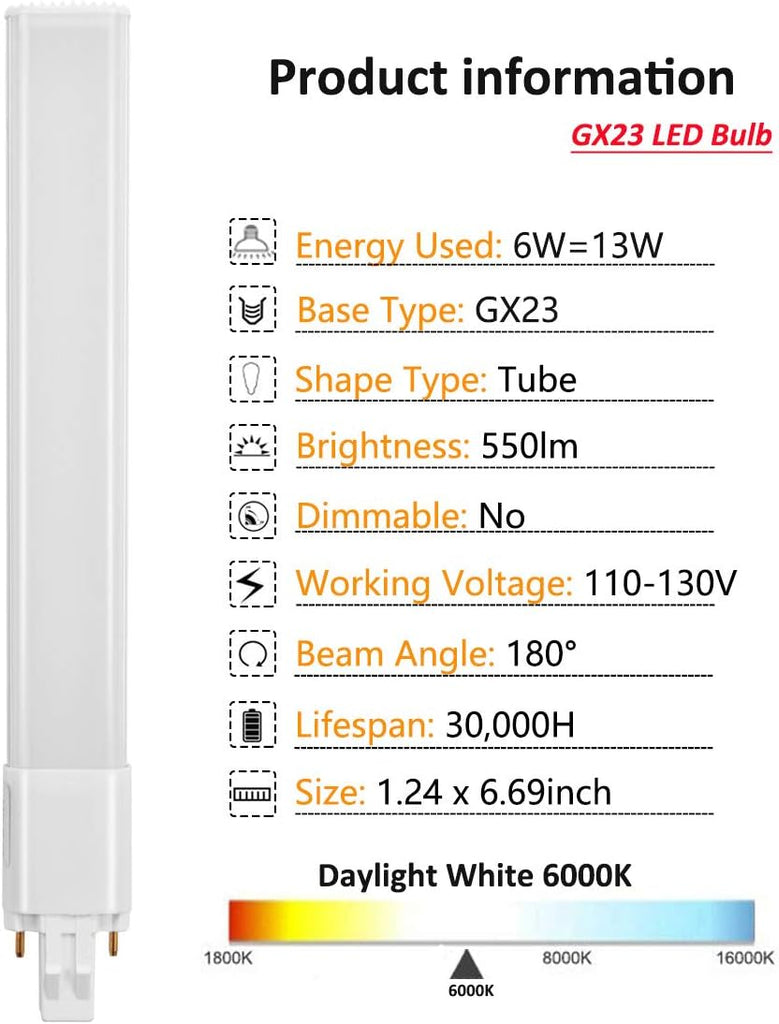 6W LED GX23 PL Lamp 2-Pin Base 13W CFL Replacement 6000K