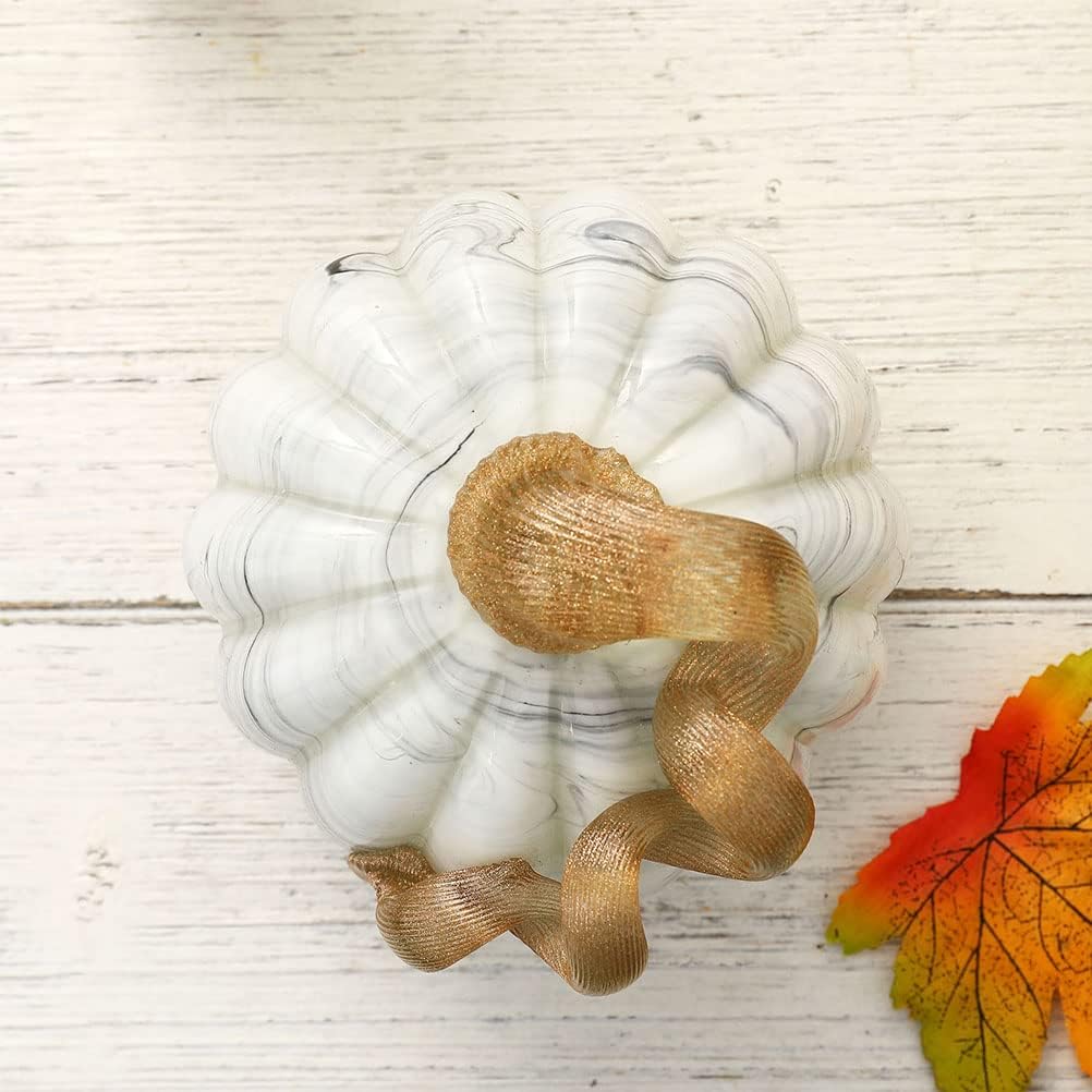 Hand Blown Glass Pumpkin Table Accent for Fall Harvest Decorating for Mother Gray Marble 4.13" H
