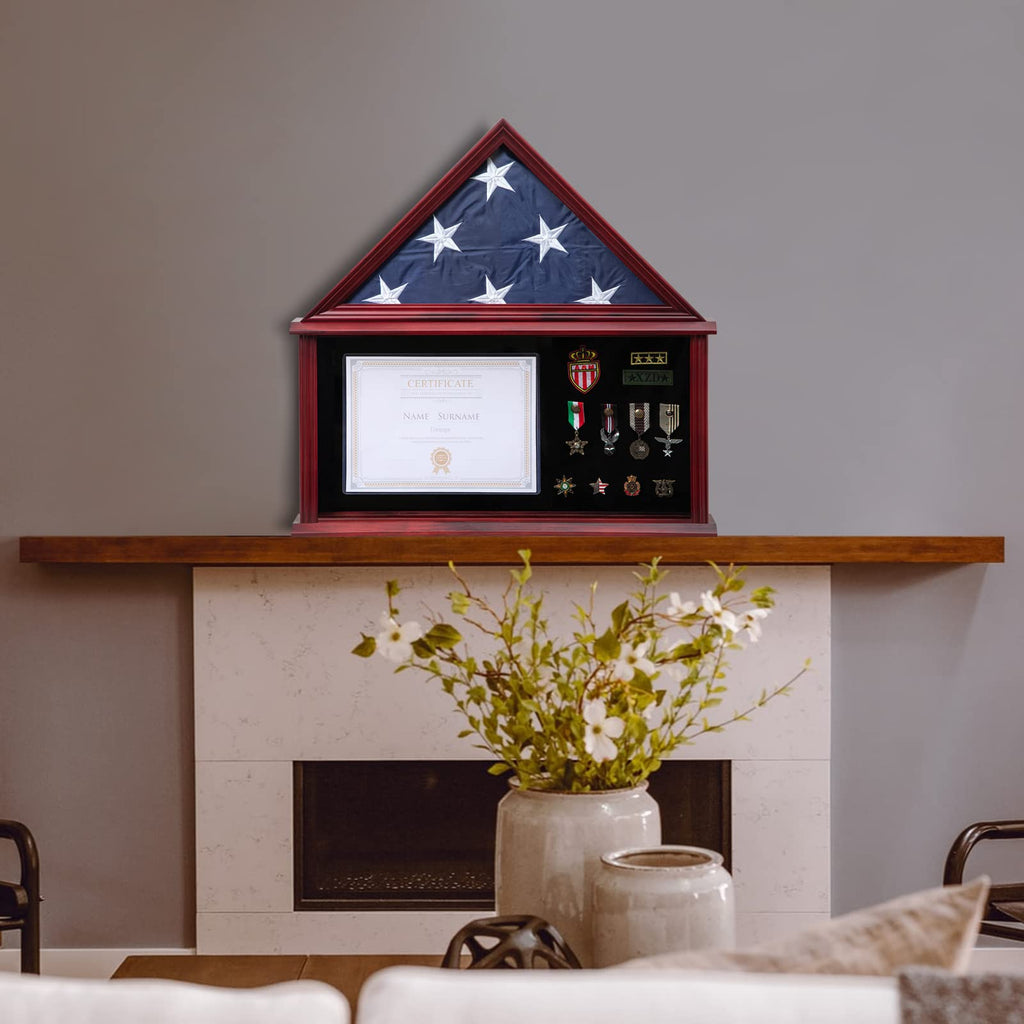 Large Military Shadow Box with Flag Display Case, Mahogany