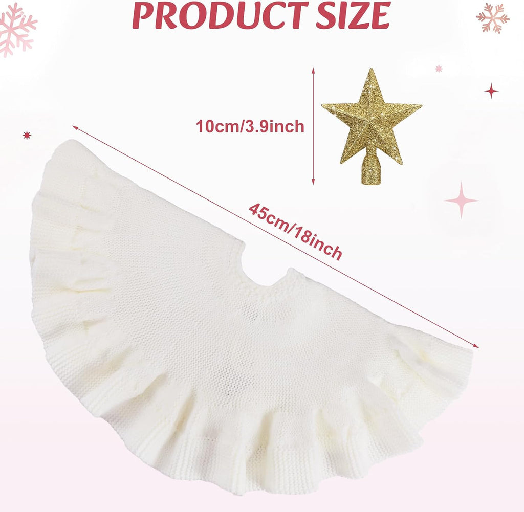 White Mini Christmas Tree Skirt 18" with Star Tree Topper - Set of 2