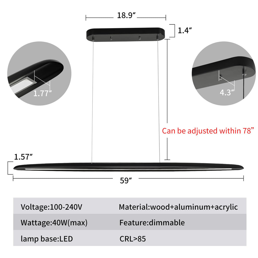 59inch Integrated Led Pendant Light 40w Dimmable Wood Black Linear Pendant Lighting Led Modern Island Light
