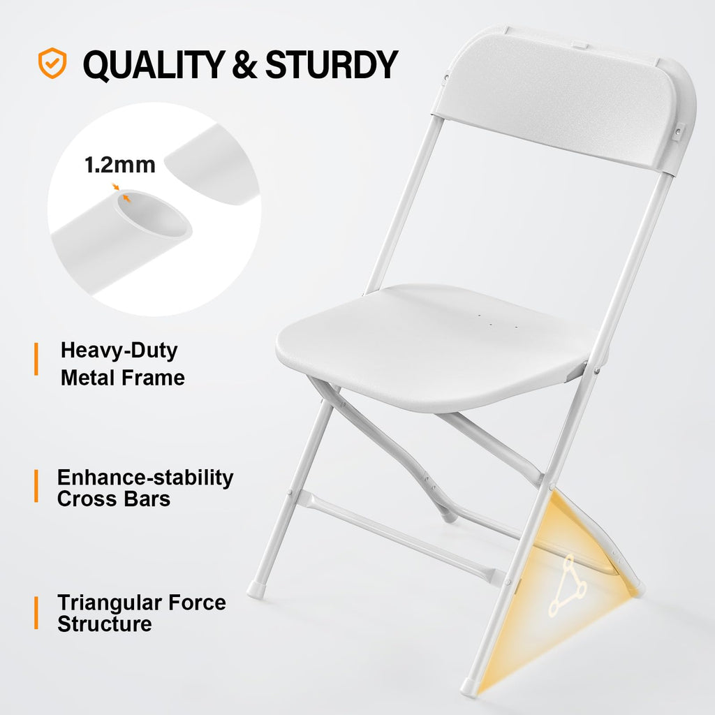 4 Pack White Plastic Folding Chair, Indoor Outdoor Portable Stackable Commercial Seat with Steel Frame 350lb.