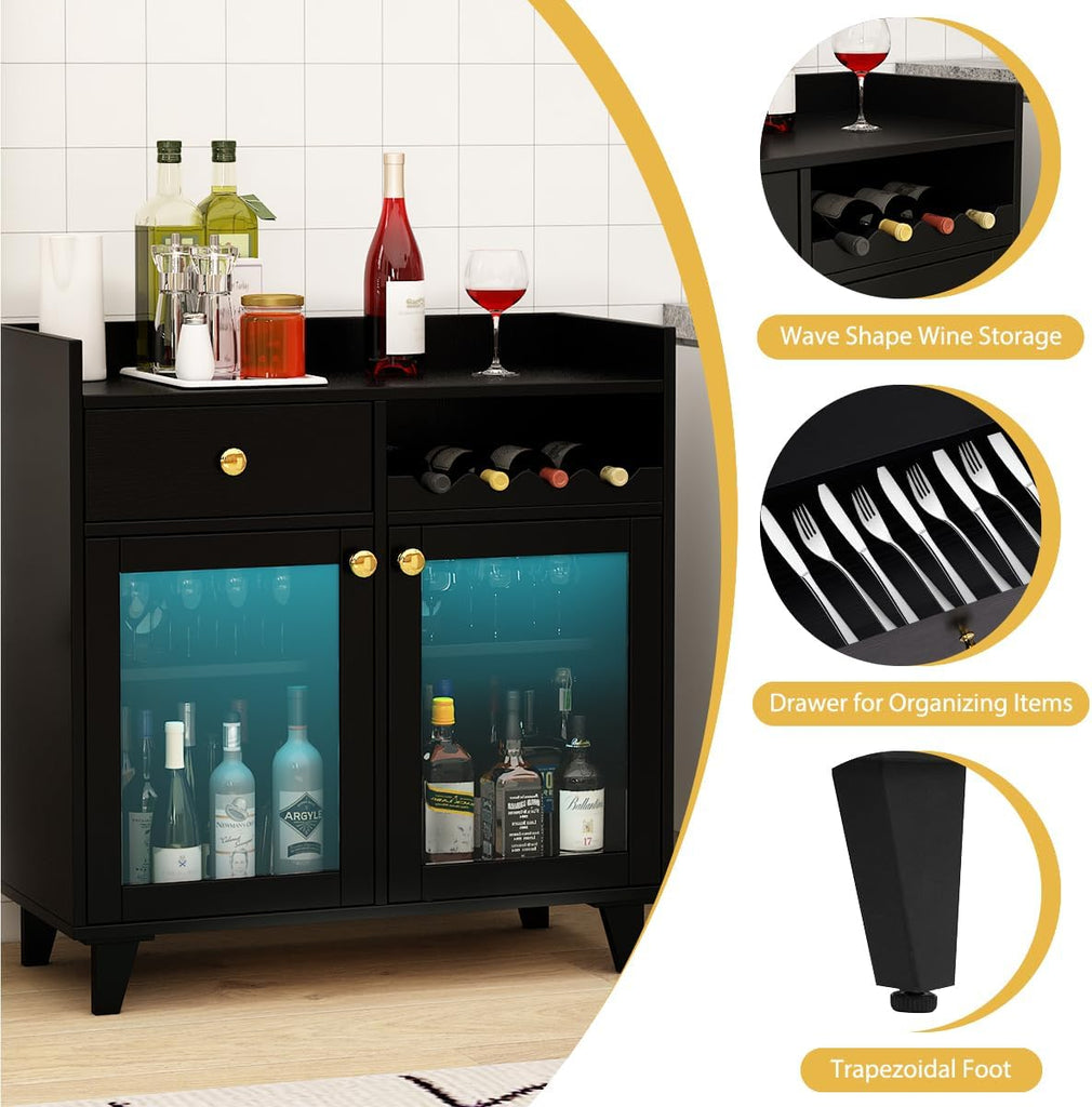 Black Wine Bar Cabinet, Glass Door with LED Light & Shelves | Comes With Glass Doors And Interior Light; Adjustable