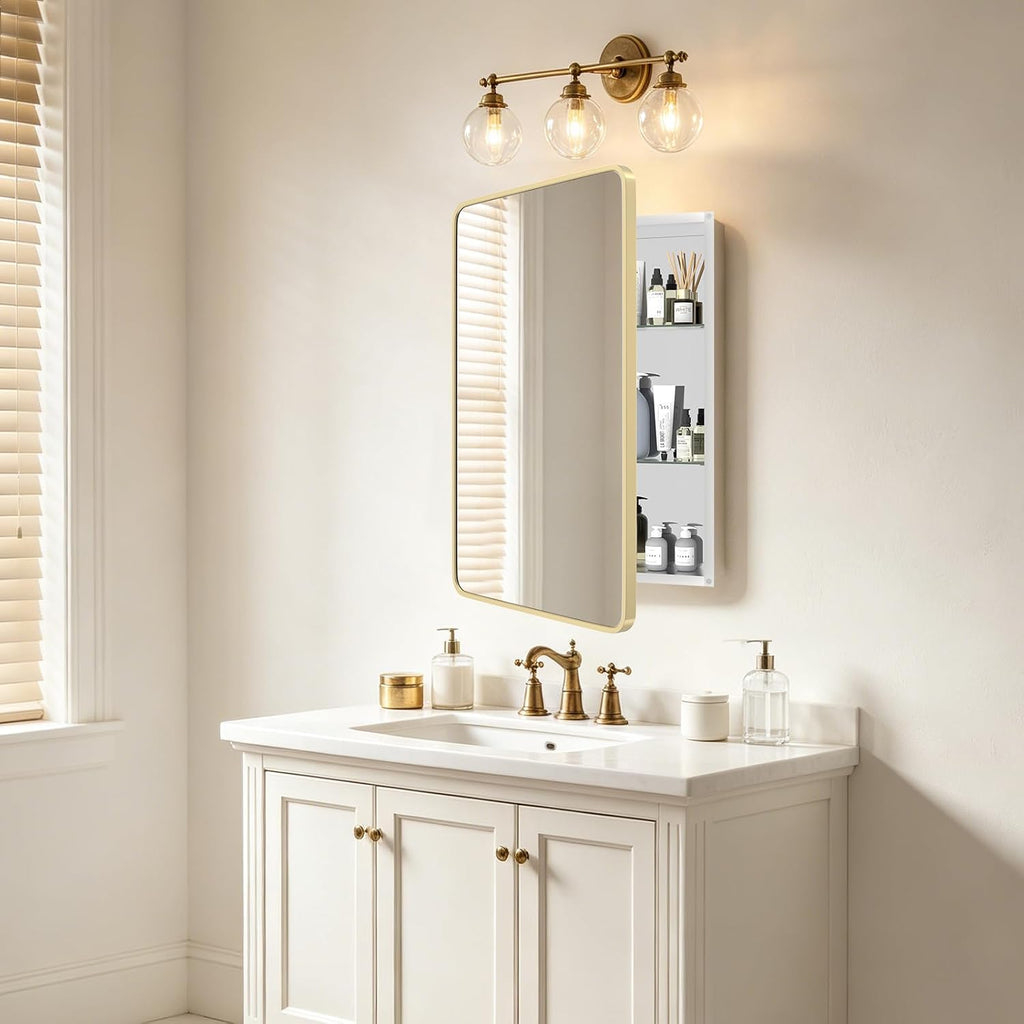 Bathroom Medicine Cabinet with Mirror, 24x36 Inch Gold Recessed Medicine Cabinet with Round Corner Aluminum Alloy