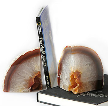 Natural Agate Geode Bookends Anti-Slip Rubber Bumpers 1 Pair 4-6Lbs | Heavy Duty Crystal Book Stoppers Cute Crystal