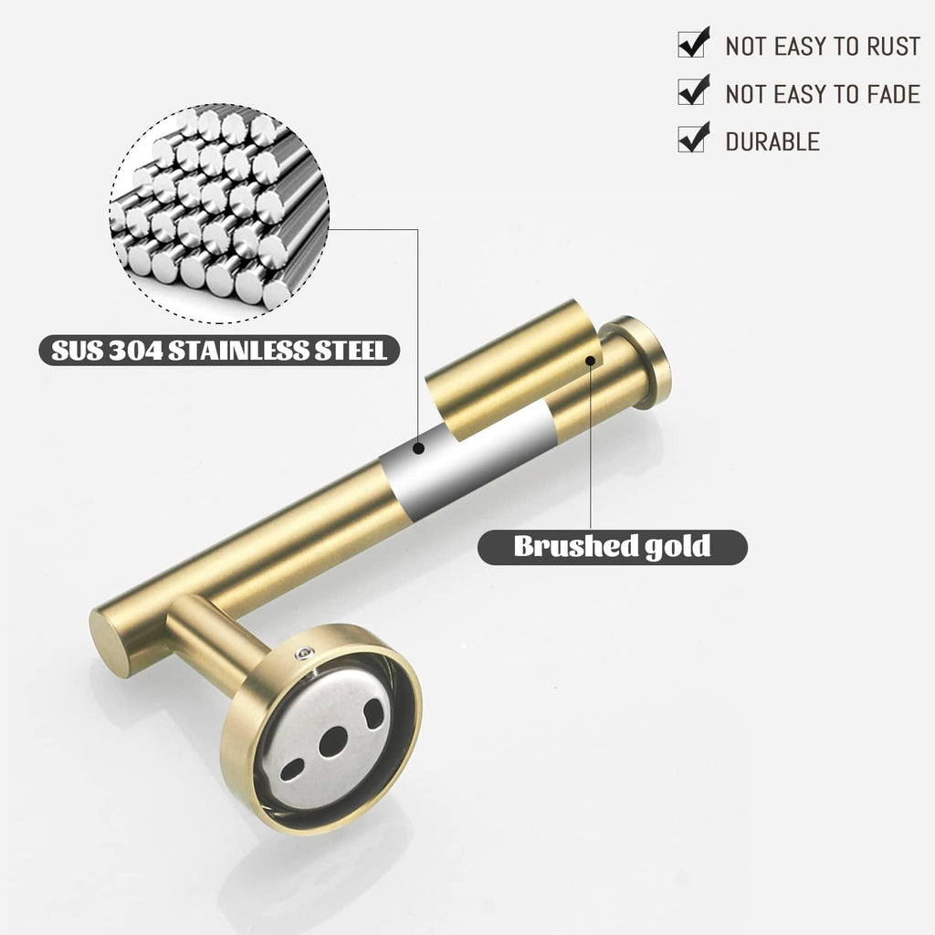 Gold Bathroom Hardware Set, Brushed Gold Toilet Paper Holder Towel Ring and 2 Robe Hook Bathroom Accessories Hand
