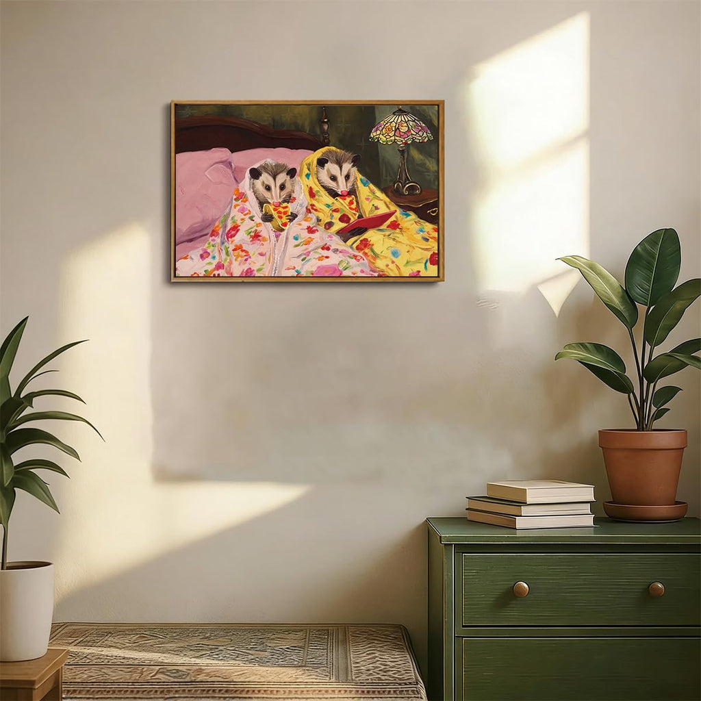 Framed Funny Opossum Wall Art - Whimsical Possum Eating Pizza in Bed Canvas Print, Funky Eclectic Animal Picture