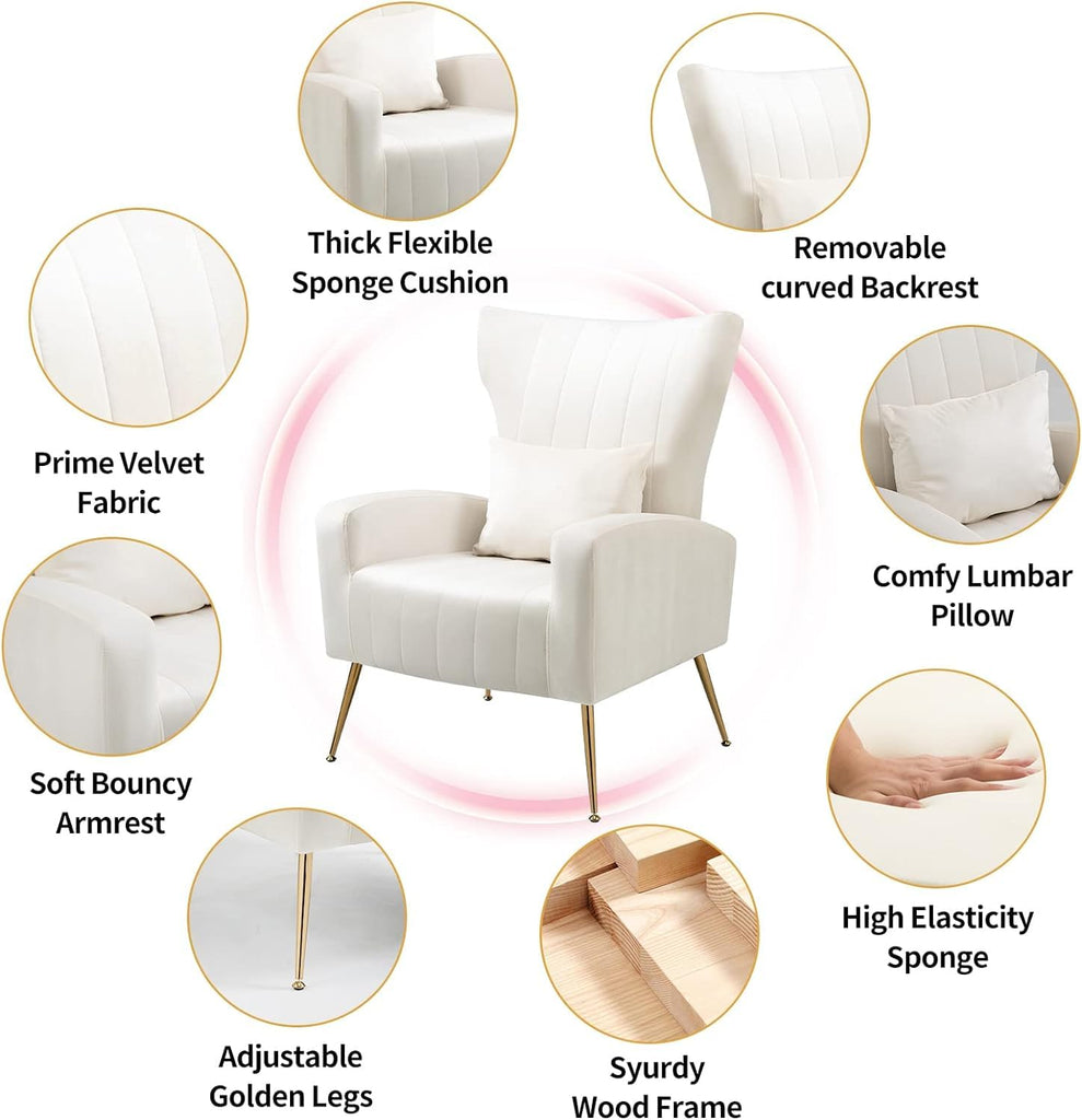 Velvet Accent Chair Bedroom, Modern Arm Chair with Wingback & Gold Metal Legs, Lumbar Pillow Included, White
