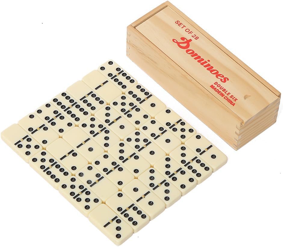 Dominos Set for Adults with Wood Box - Tile Dot Dominoes Games Set ,Classic Dominoes Set, 28 Tiles, Natural Wood - Set of 28
