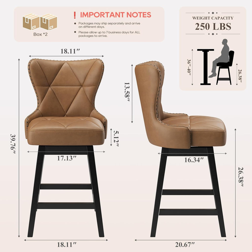 Swivel Counter Height Bar Stools Set of 4, Tall Faux Leather Barstools, Modern Bar Chairs with Solid Back and Wood