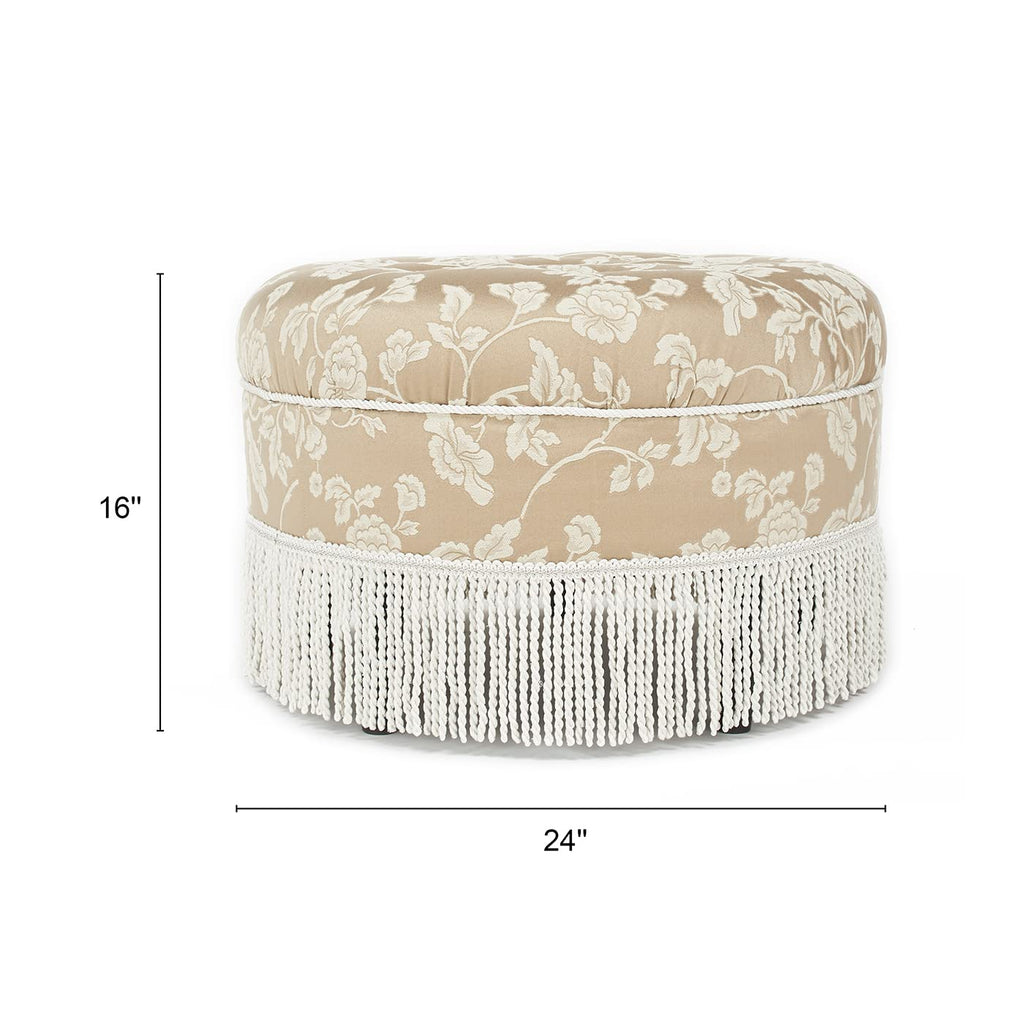 Yolanda Collection Traditional Modern Cotton Blend Hand Tufted with Cord and Fringe Round Ottoman, Neutral 24" x 14"