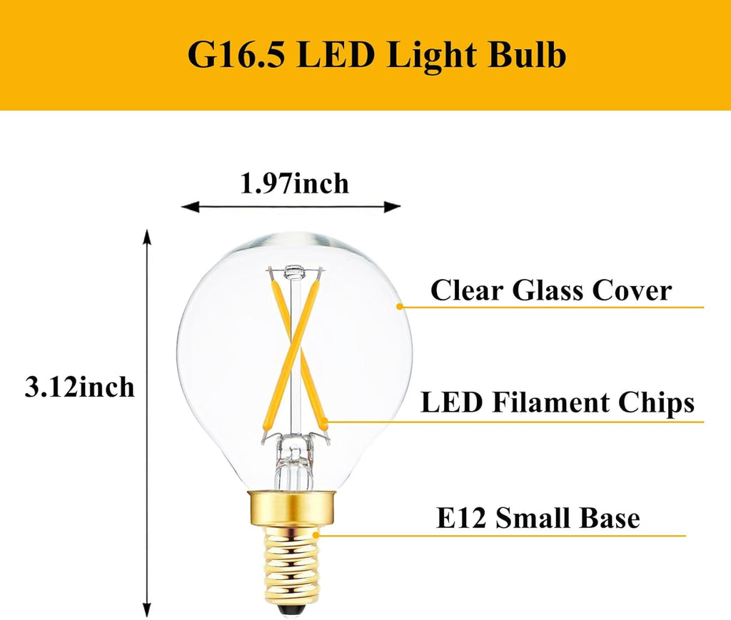 E12 Globe LED Bulb 25 Watt Equivalent Candelabra Base Round Bulb, G16.5 LED 2W Dimmable Warm White 2700K Clear Glass