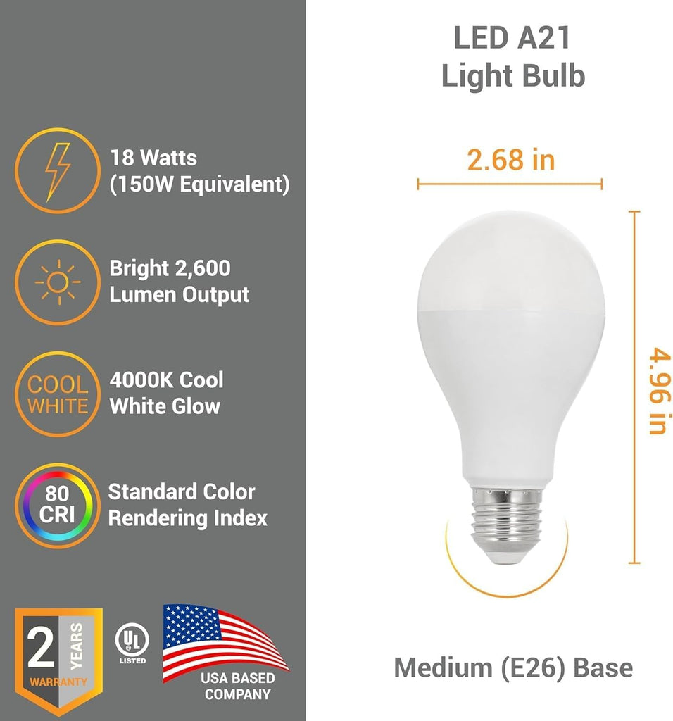 A21 LED Light Bulb 18W (150W Equivalent) 2600 Lumens Dimmable 4000K Cool White E26 Medium Base 220° Beam Angle UL