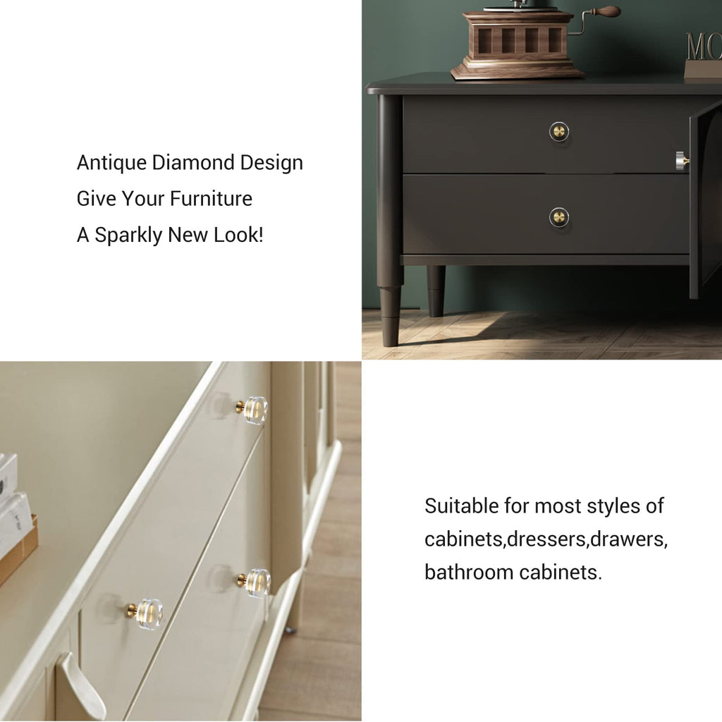 12-Pack 1-1/4-Inch White Cabinet Glass Crystal Brass knobs Brass Drawer Round Knobs Dresser Pulls, Gold Hardware
