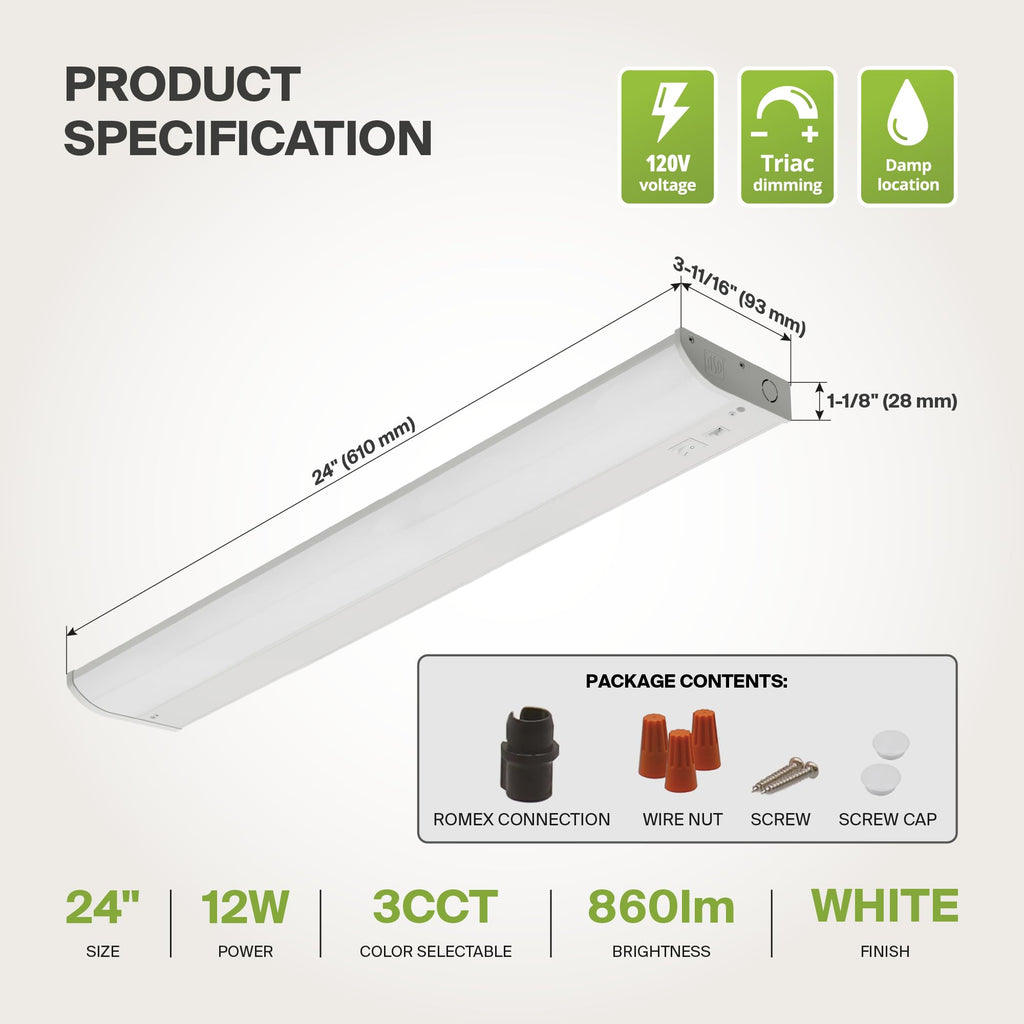 LED Under Cabinet Lighting, 24 inch 12W 822 LM, Dimmable Hardwired Under Cabinet Lights, 3000K Soft/4000K Cool/5000K