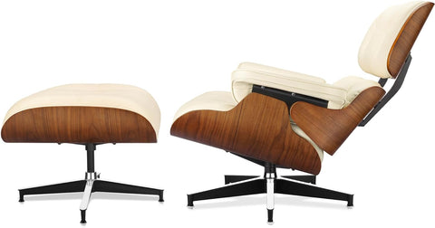 Modern Chaise Lounge Chair and Ottoman — White Leather
