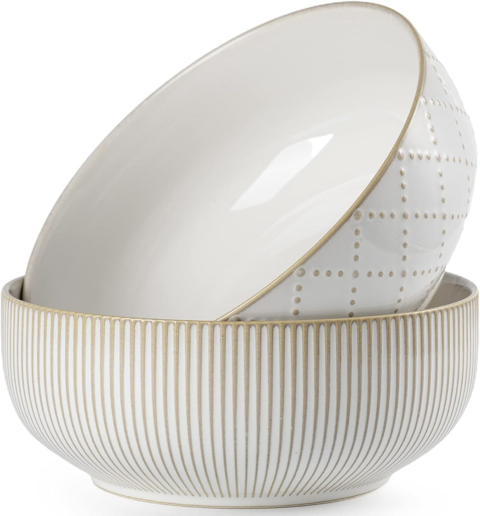 Large Serving Bowls (8 inch & 60 fl oz), Ceramic Salad Bowl Set of 2, Microwave and Dishwasher Safe, Farmhouse