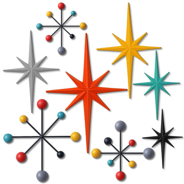 8 Pcs Retro Wall Decor Metal Mid Century Modern Art Retro Vintage Colors 3D Star Atomic Sculpture Iron Starburst