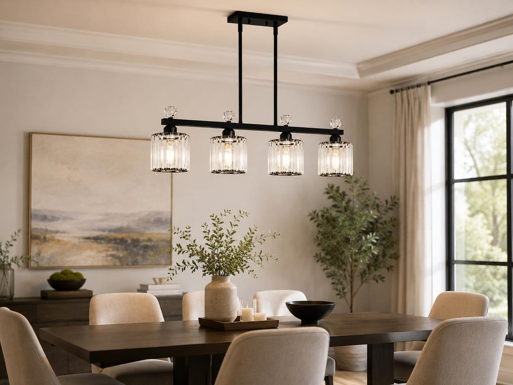 32" Crystal kitchen Island Lighting, 4-Light Black Linear Pendant Light