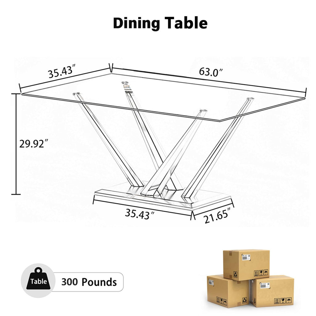 63'' Rectangular Glass Dining Table for 4-6, Luxury Kitchen Table with Tempered Glass and Aesthetic Gold Stainless