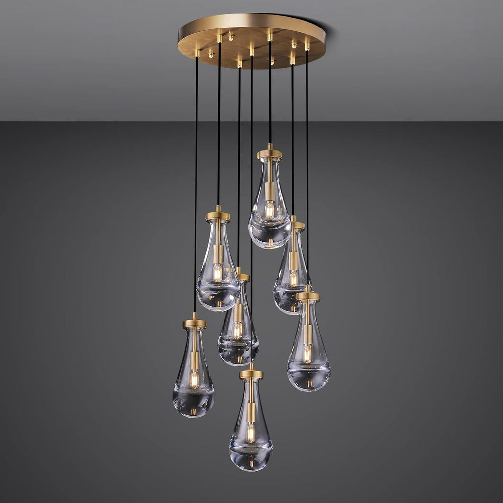 Raindrop Pendant Lights Kitchen Island Teardrop Gold Hanging Light Fixtures Clear Solid Glass Pendant Light Modern Chandeliers for Dining Room Porch Corridor Living Room (7-Light) A121-B0CJF625HL