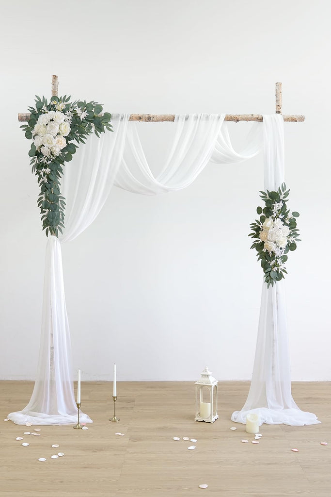 White Artificial Wedding Arch Flowers Kit (Pack of 3) with 26Ft White Shiny Arch Draping Fabric for DIY Wedding Party