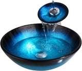 Bathroom Tempered Glass Vessel Sink Black & Blue Round Wash Basin Bowl Waterfall Mixer Chrome Brass Faucets Pop-up
